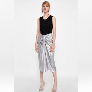 Zara Silver Satin Twist-Front Midi Skirt